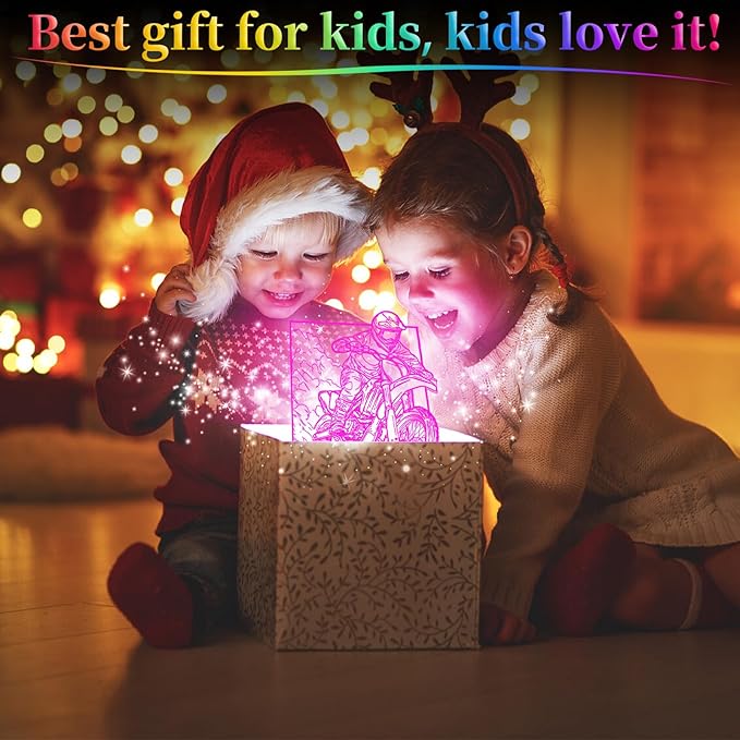Dirt Bike Gift 3D Night Light, Illusion Night Lamp for Boys - Dirt Bike Themed Bedroom Lamps, Optical Illusion Lamp with Remote Control, Kids' Room Décor, Cool Gifts for Motorcycle Lovers