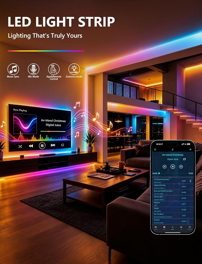 MFWW 100FT Strip Lights, Smart IC RGB LED Lights Multiple Colors on One Line, App+Remote Control, Timing, Multimodal, Music Sync, Color Changing Lights for Bedroom, Party Home Decor, (2 x 50ft)