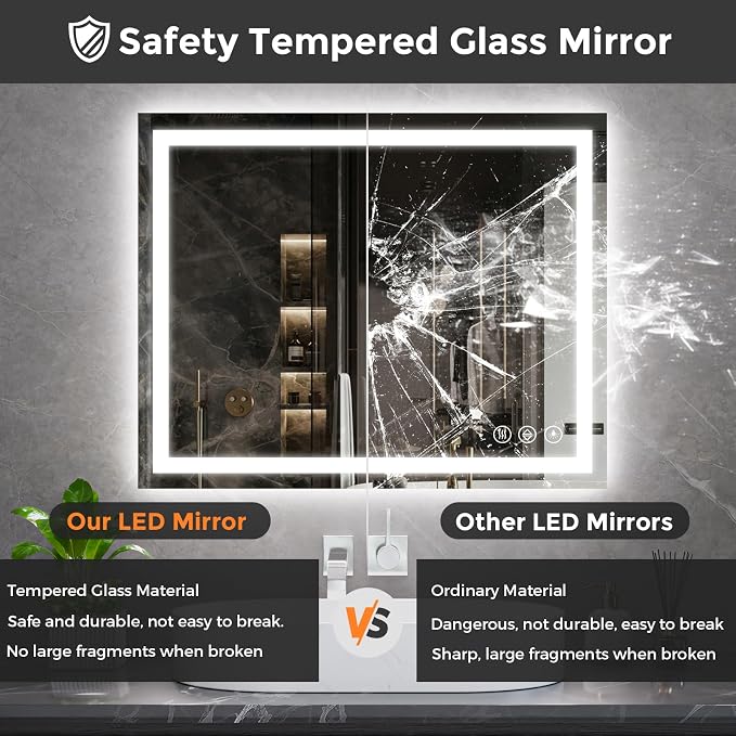 Koonmi 50x30 LED Bathroom Mirror with Light, Anti-Fog, 3 Colors | Backlit + Front Lit, Dimmable Brightness, Shatterproof HD Distortion-Free Tempered Glass, Hardware Included