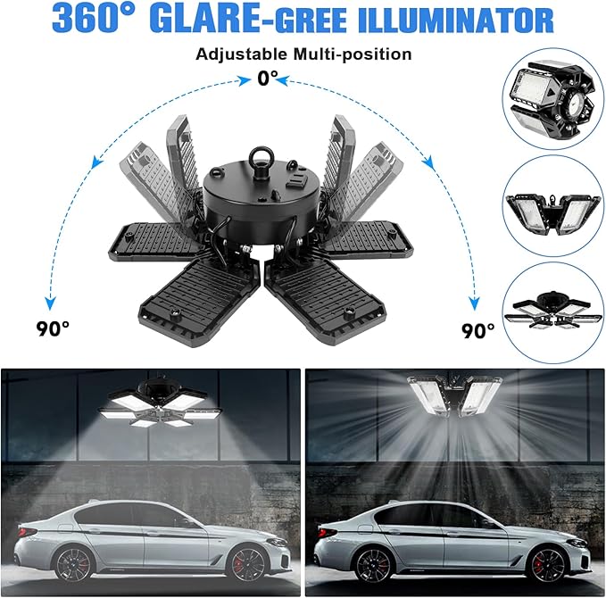 LED Garage Lights 4 Pack -180W, 18000LM 6500K Led Shop Light with 6+1 Deformable Panels, Basement Barn Light Garages Ceiling Lights, E26/E27 for Garage, Warehouse, Shop, Basement