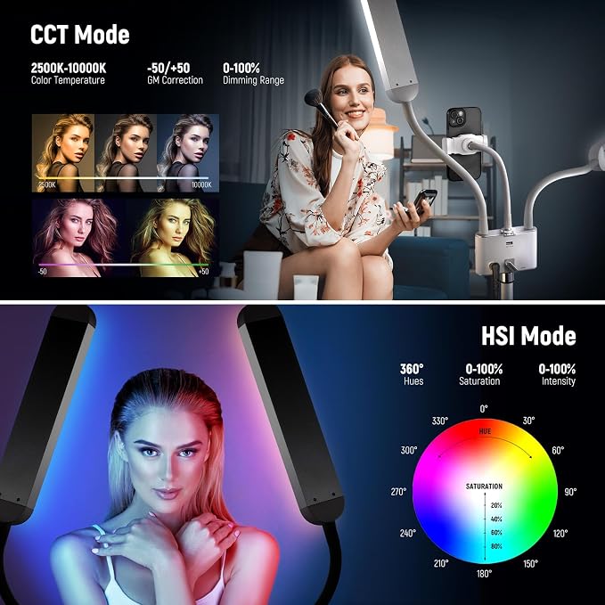 NEEWER RGB Esthetician Light Kit Upgraded with Phone APP Control/Touch Bar, Separate Control Dual Arm LED Video Light w Phone Holder/Stand/Travel Bag, 2500K-10000K 18 Scenes for Tattoo Lash, BH40C