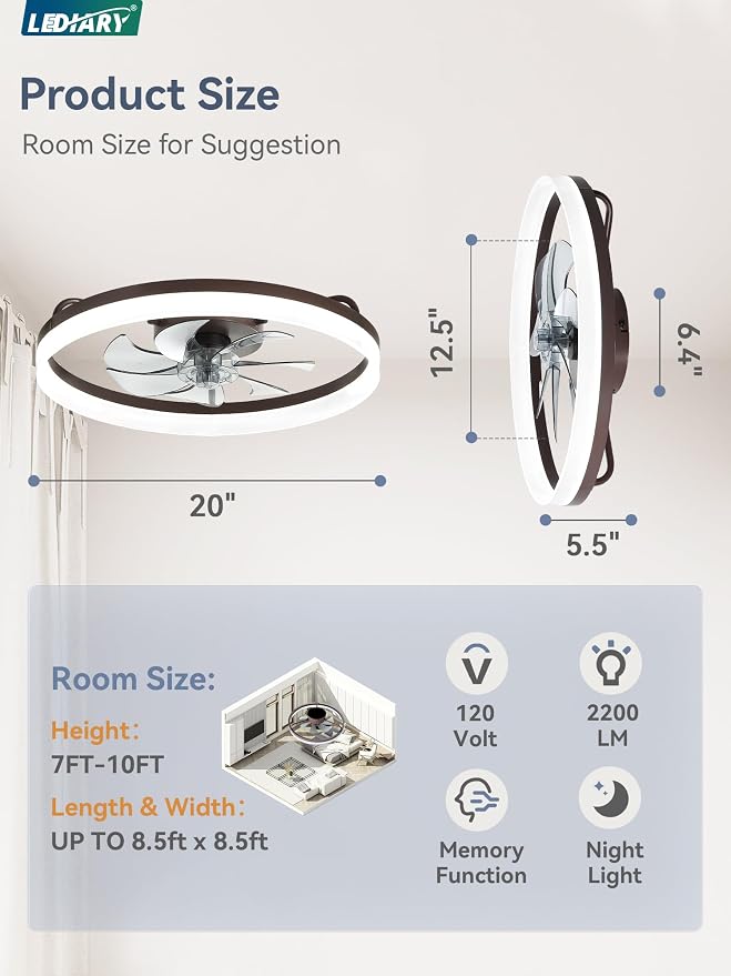 LEDIARY 20" Low Profile Ceiling Fans with Lights, APP & Remote, Brown | Flush Mount, Dimmable LED, Quiet DC Motor, Reversible, 6 Speeds, Fandelier, for Bedroom