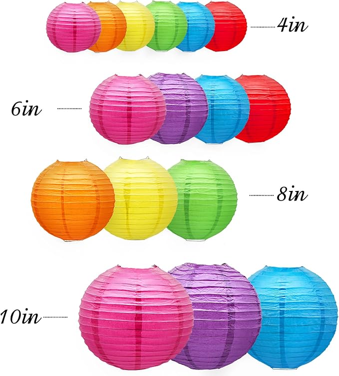Hanging Paper Lanterns Decorative, Rainbow Colorful Chinese Paper Lanterns Ceiling Party Decorations with 16 LED Lights for Fiesta Mexican Party Baby Shower Birthday Wedding Anniversarie, Pack of 16