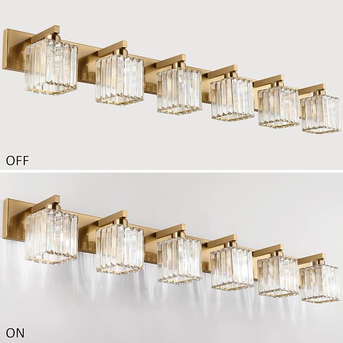 Aipsun Bathroom Vanity Light Brass Crystal Vanity Lighting Fixtures 6 Light Modern Bathroom Lighting Fixtures (Exclude Bulb)