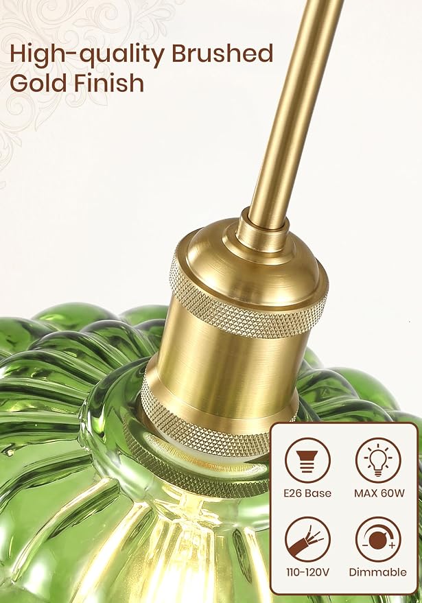Gold Pendant Light with Glass Shade, Vintage Floral Glass Pendant Lamp for Kitchen Island, Adjustable Hanging Rods Sloped Ceiling Compatible, Living Room Bedroom Hotel-Green