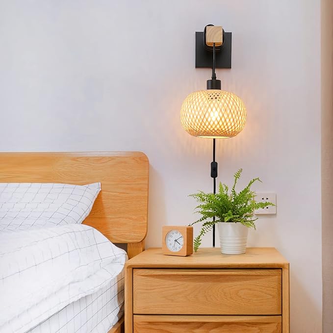 Farmhouse Rattan Plug in Wall Sconces, Rustic Hand-Woven Bamboo Shade & Wood Beam Wall Light Fixtures, Rattan Bamboo Wall Lamp for Bedroom Bedside, Living Room Wall Art Decor(No Bulbs)