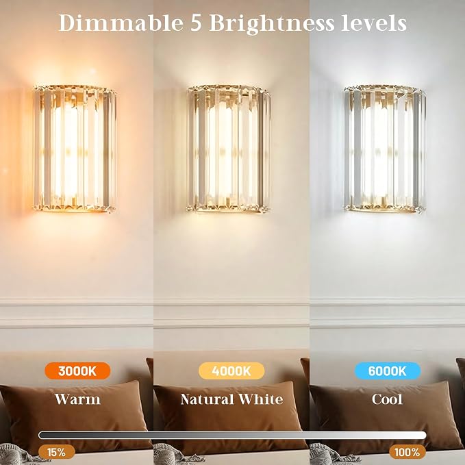 Gold Battery Operated Wall Sconces Set of Two, Crystal Wireless Wall Lights with Remote, Rechargeable Cordless Wall Lamps 12 RGB and 3 CCT Dimmable Decor for Bedroom Living Room Hallway