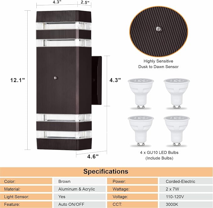 DASTOR 4 Pack Dusk to Dawn Outdoor Lighting, Modern Outdoor Wall Light Fixtures Brown Exterior Lights for House, Waterproof Aluminum Up and Down Lights Outdoor for Porch Garage Patio