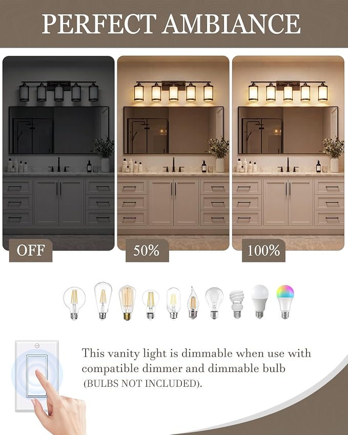 5-Light Oil Rubbed Bronze Bathroom Light Fixtures Over Mirror with Frosted Milk Glass and Metal Cage Shade, 38" UL-Listed Modern Farmhouse Wall Sconce for Bath, Hardwire E26, OS-3014ORBW-5W