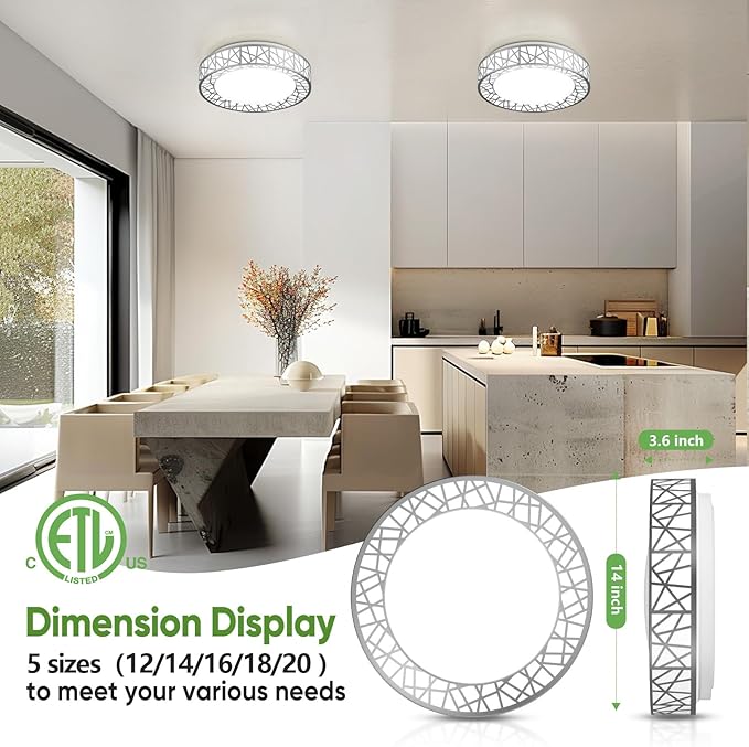 14 Inch Flush Mount Ceiling Light, Modern Brushed Nickel LED Ceiling Light Fixture, 24W 2400LM 2700-6500K Adjustable, Dimmable Ceiling Lights for Bedroom, Kitchen, Hallway, Bathroom, ETL