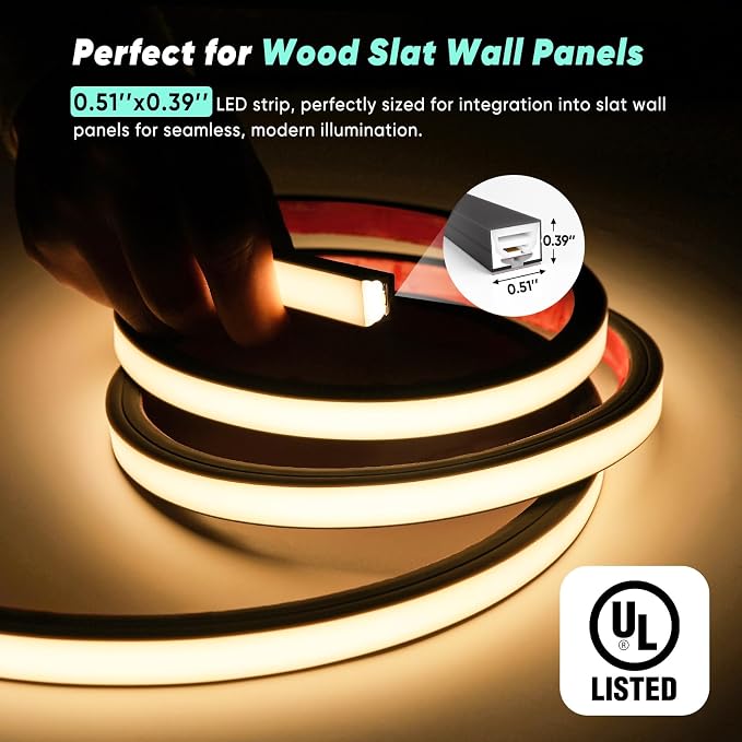GZBtech Flexible LED Recessed Strip Light for Wood Slat Wall Panels 16.4FT, 3000K Warm White Cuttable Neon Rope Lighting with Remote Control, Dimmable IP67 Waterproof Black Strip Lights, UL Listed