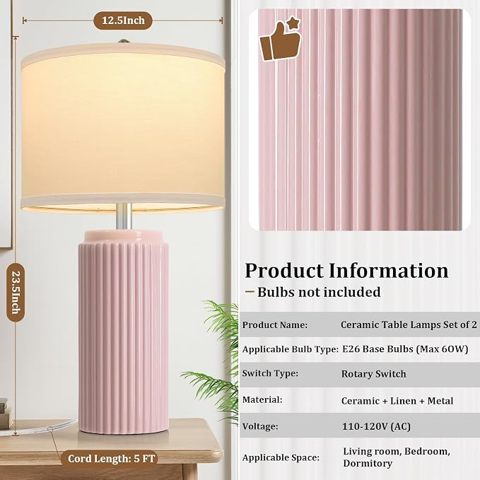 23.5" Pink Ceramic Table Lamps Set of 2, Modern Nightstand Lamps | Bedside Table Lamps with White Linen Shade, Ideal Size, Farmhouse Home Decor for Living Room Bedroom Office End Table Dorm