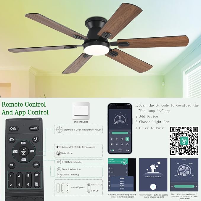 KNUN 56 inch Ceiling Fans with Lights,Brown Flush Mount Ceiling fan with Light and Remote/APP Control, 3CCT, Dimmable, Noiseless, Low Profile Ceiling Fan for Bedroom, Patio, Indoor/Outdoor Use
