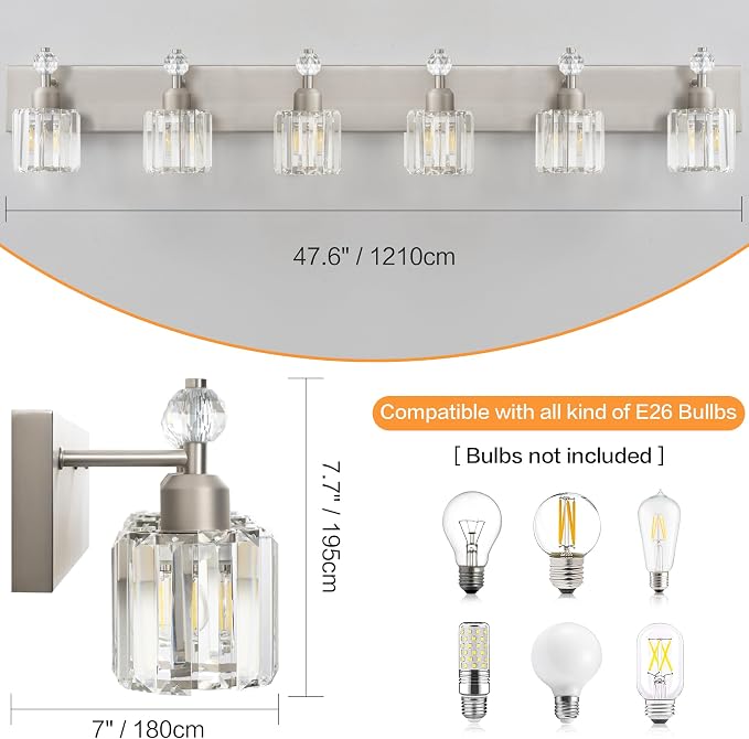 PRESDE Crystal 6-Light Bathroom Vanity Light Fixtures Brushed Nickel Modern Wall Lighting Over Mirror