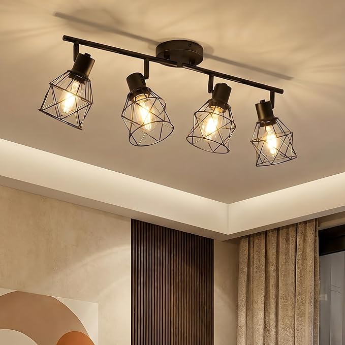 LOUSACE 4-Light Ceiling Track Lighting Fixtures, Multi-Directional Flush Mount Ceiling Spot Lights, Rotatable Black Track Light with Metal Cage for Dining Room, Living Room, E26 Base