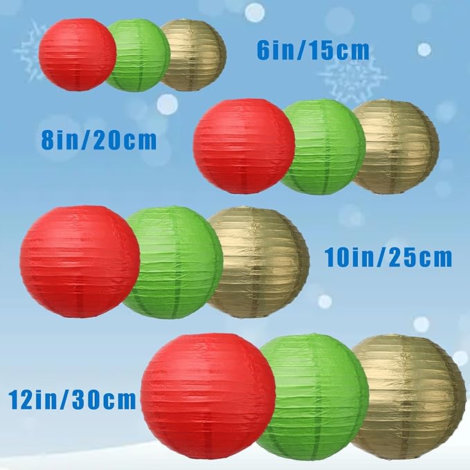 Green Red Gold Paper Lanterns 12 Pcs Assorted size of 6" 8" 10" 12" Chinese Round Christmas Paper Hanging Decorations Lanterns Lamps for Italian Party Mexico Party Graduation Christmas