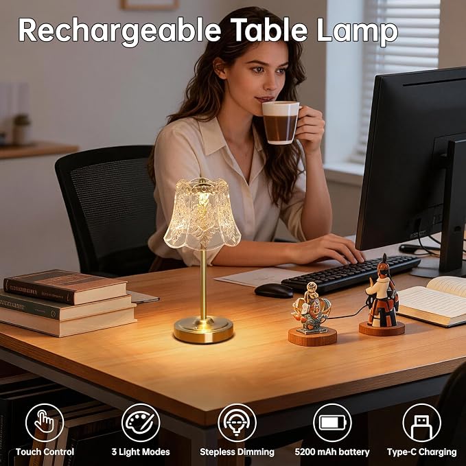 Shenmoyl Set of 2 Cordless Touch Table Lamp with 5200mAh Battery - 3 Adjustable Color Temperatures & Dimmable, Rechargeable Lamp for Bedsides, Living Room, Entryway, Bookshelves (Transparent Rose)