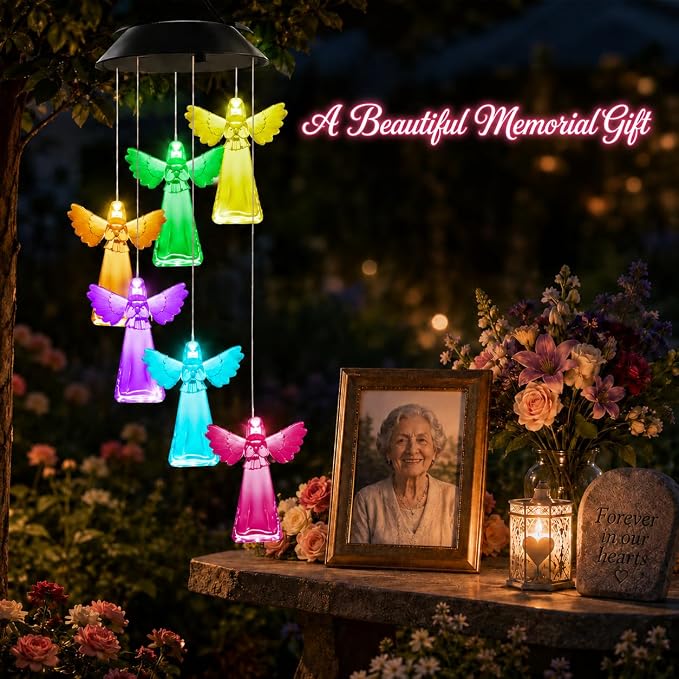 Winzwon Angel Solar Wind Chimes for Outside, Memorial Garden Decorations | Christian Gifts for Women, Mom, Grandma, Sister, Memorial Gifts for Loss of Loved One, Solar Lights Outdoor Yard Decor