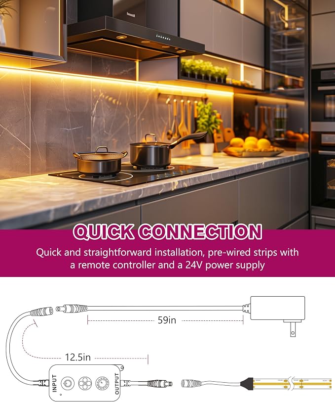 EMITEVER Warm White COB Strip Light Kit 2700K,16.4ft 2400LEDs,24V Dimmable | CRI 90+,305+LM/ft,ETL 48W power supply & remote included,UL listed Strip for living room,kitchen,under cabinet & shelving