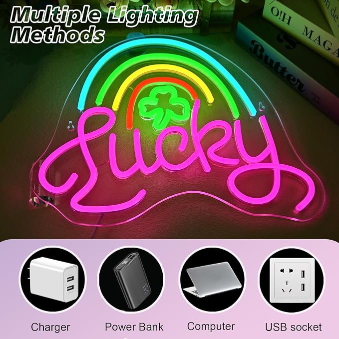 Lucky Clover Neon Signs Leaf Wall Light for St. Patrick's Day Party Decor | 14.17IN*12.6IN,Five level brightness adjustment,USB powered,For Bar,Club,Pub,Living room,Bedroom,Restaurant,Beach Bungalow