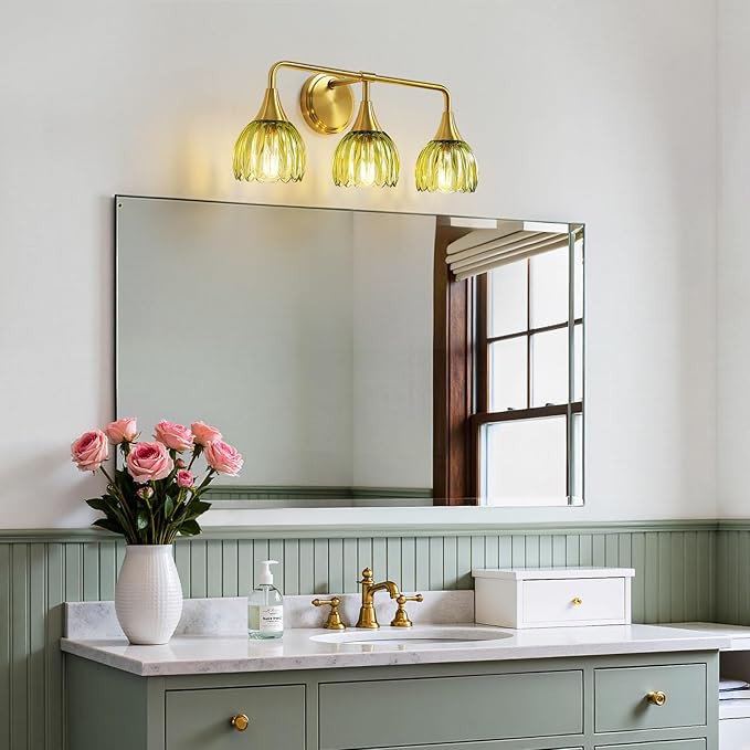 Bathroom Vanity Light Fixtures: 3-Lights Vintage Bathroom Lights Over Mirror with Ribbed Green Tulip Glass Shade - 22.4 inch Brushed Gold Wall Sconce Bath Lighting