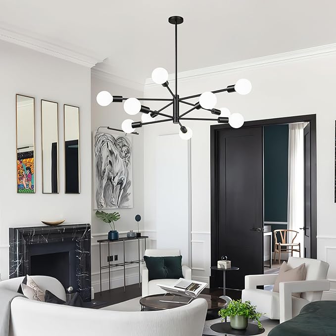 Sputnik Chandeliers Dining Room Light Fixture (10-Light, 32-Inch), Modern Black Chandelier, Height Adjustable Mid Century Modern Chandeliers for Dining Room Kitchen Island (Bulbs Not Included)