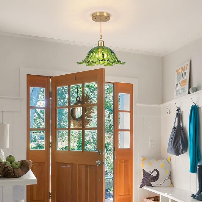 Vintage Pendant Light,Green Glass Light Fixtures,11 inch E26 Flower Pendant Lights Adjustable Hanging Light for Bedroom Hotel Dining Room 1 Pack