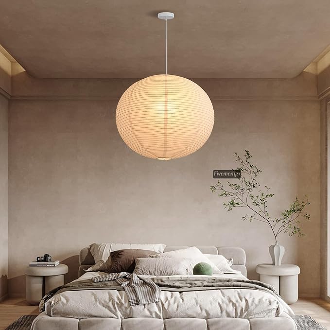 Large Rice Paper Pendant Light 2 Pack, 23.6in White Globe Paper Lantern Lights, E26 Base, Japanese Hanging Lantern Lamp Japandi Chandelier for Dining Room Bedroom Office Living Room
