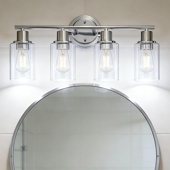 4-Light Chrome Bathroom Light Fixture Over Mirror,4-Light Chrome Vanity Lights for Bathroom 4 Bulb Wall Light Over Sink Cabinet