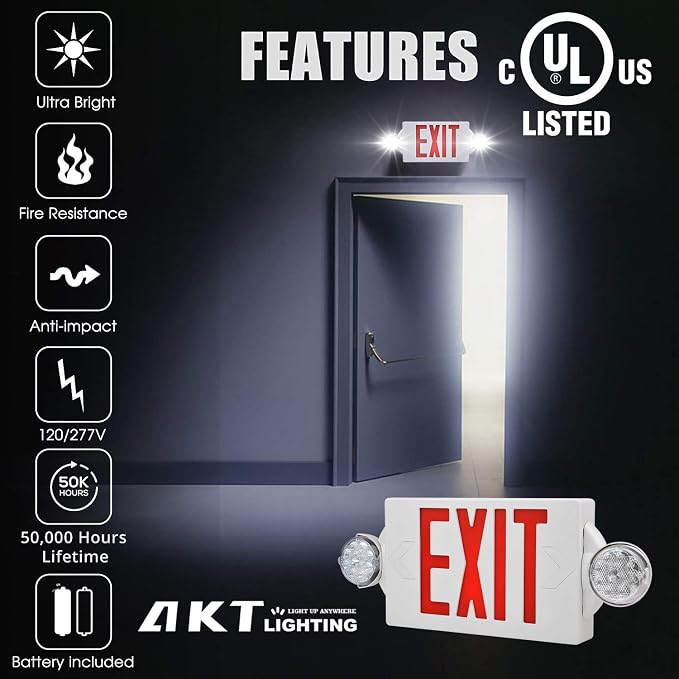 Emergency Exit Light, Adjustable Two LED Head Exit Sign Light, Commercial Emergency Exit Lighting Combo with Back-up Battery for Business UL Certificated (Red, 2 Pack)
