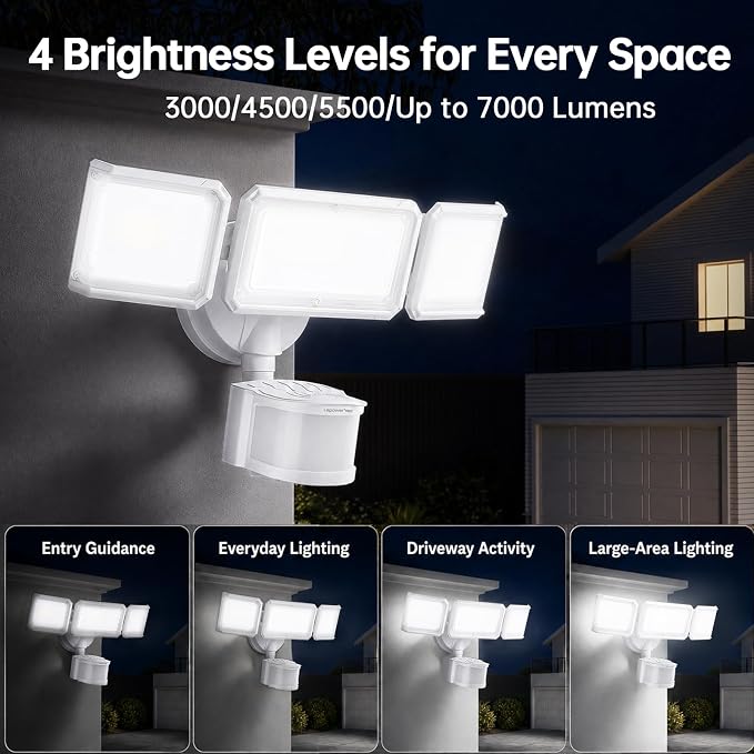 LED Security Light 240° Dual PIR 100 FT Motion Sensor Outdoor | 7000LM Adjustable Brightness, Hardwired Flood Light, 5000K Daylight, Dusk to Dawn, IP65, Easy Install, Garage, Porch, Yard