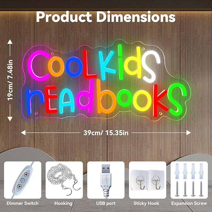 Cool Kids Read Books Neon Sign,Neon Lights for Classroom Reading Corner Bedroom Library,Read Sign for Book Lovers Christmas Gift for Kids & Teens
