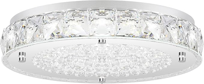 Crystal Flush Mount Ceiling Light, LED Chandeliers Light Fixture 19-Inch, 5000K Daylight White Super Bright 5000LM Dimmable Farmhouse Kitchen Lighting Modern Ceiling Lamp for Bedroom Bathroom Nursery