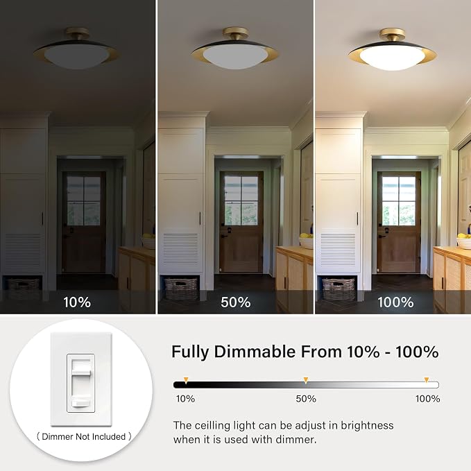 Dimmable Modern Mid-Century LED Ceiling Light, Black and Gold, 15.7 Inch | Semi Flush Mount Ceiling Light, 5CCT 2700K-6000K Lighting Fixtures with Glass Shade for Bedroom Kitchen Living Room