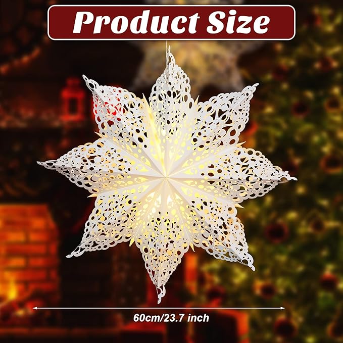 Mudder 23.6 Inch Christmas Paper Snowflakes Star Lantern with Light Parol Lantern Filipino Party Supplies Hanging Decoration for Weddings Christmas Trees Birthday Holiday Party Celebration