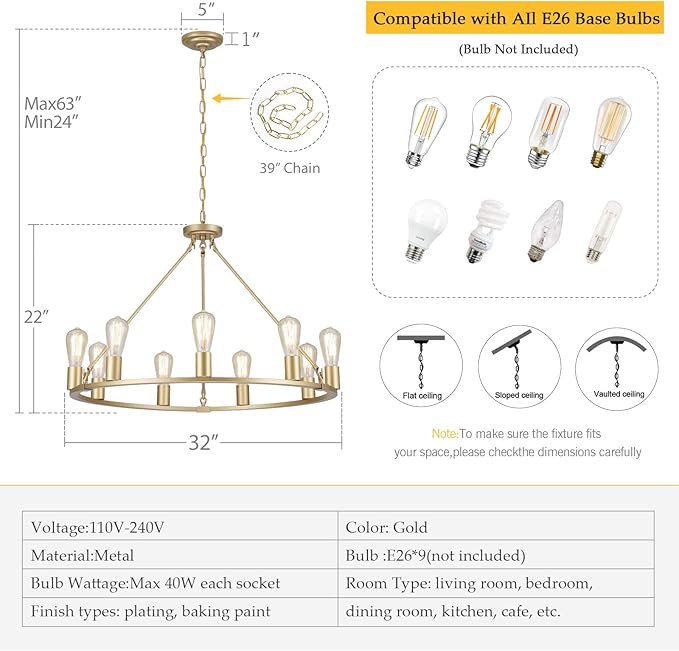 9-Lights Gold Chandelier | Dia 32'' Farmhouse Wagon Wheel Chandelier | Rustic Hanging Dining Room Light Fixture | Apply to Living Room | Kitchen Island | Entryway | Foyer