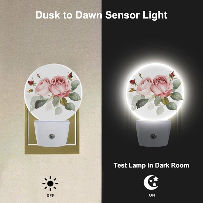 Retro Rose Night Light Floral Blossom Pink Rose with Green Leaf Flower Bouquet LED Dusk to Dawn Plug-in Nightlight Auto Sensor for Bedroom Bathroom Hallway Living Room