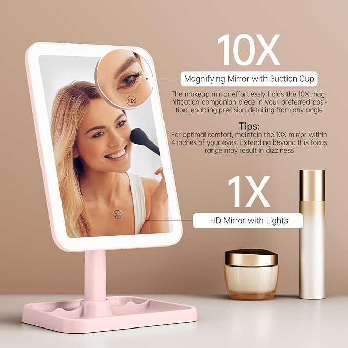 Famihomii Rechargeable Lighted Makeup Mirror for Girls, Desk Mirror with Lights, Detachable 10X Magnifying Mirror, Storage Base, 360° Rotation, Dimmable Lights for Teens Gifts, Pink