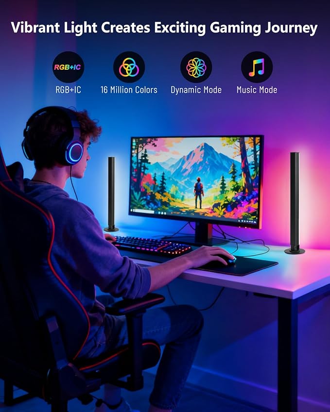 Smart RGB+IC LED Light Bar for Room, 16-Inch TV LED Backlight with Music Sync, Gaming Ambient Lighting Compatible with Alexa and Google Assistant, Sturdy Aluminum Light Bars
