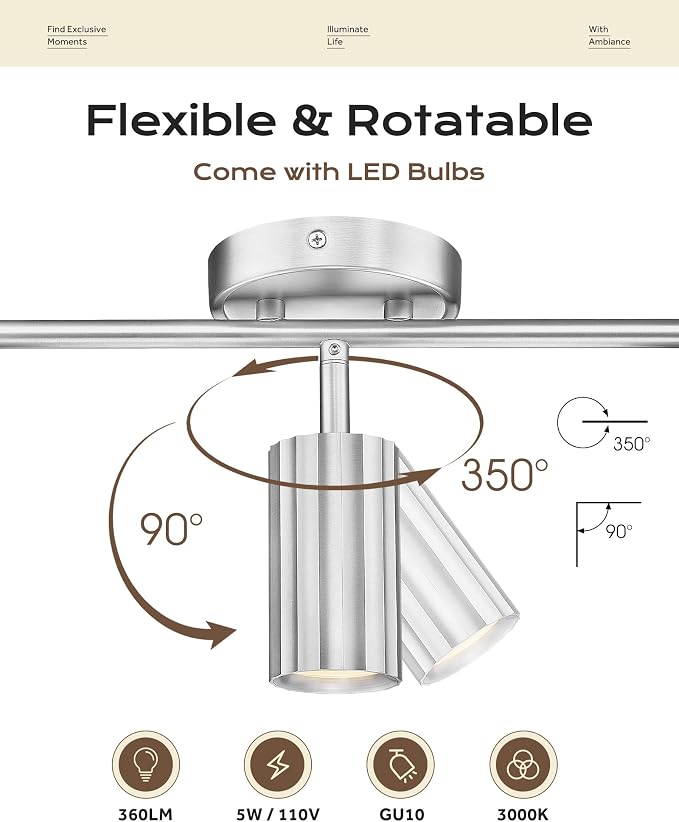 FEMILA Track Lights Ceiling Mount, Brushed Nickel Finish, 3 Bulbs Included | Flexible 3-light track lighting kit for bedrooms, home offices