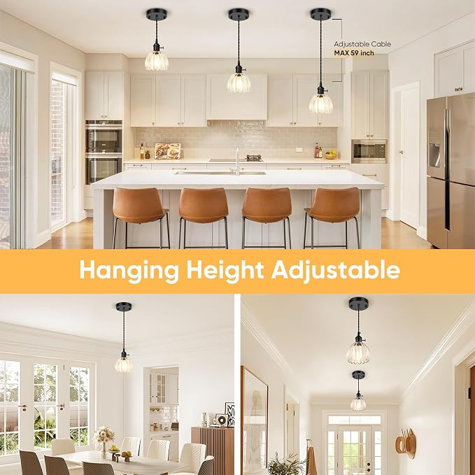 2-Pack Black Pendant Lights Kitchen Island, Modern Adjustable Kitchen Pendant Lighting with Clear Tulip Glass Lampshade, Mini Hanging Pendant Light Fixtures for Living Room Bedroom Entryway