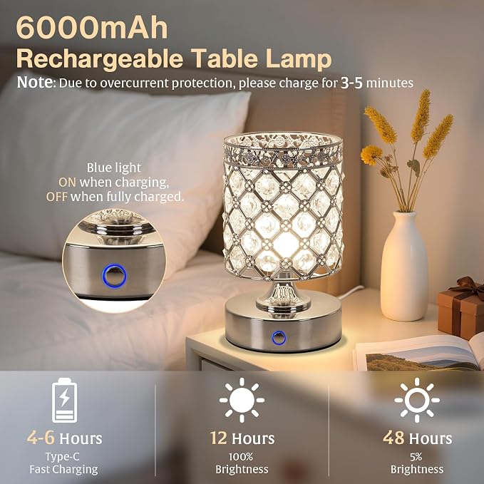 Silver Small Crystal Rechargeable Cordless Table Lamps Set of 2 | 6000mAh Battery, 3 Color Temps, Stepless Dimming, Touch Control, Portable Wireless Night Light for Bar Bedroom Living Room