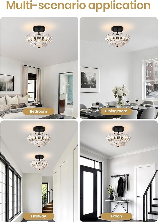 Semi Flush Mount Ceiling Light, Mini Vintage Black Close to Ceiling Light Fixture with Glass Shade, Modern Lighting for Bedroom Hallway Kitchen Laundry-Clear