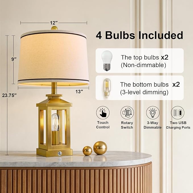 24" Table Lamps for Living Room Bedroom Modern Gold Bedside Lamps Set of 2 Nightstand Lamps for Night Stands 3 Way Dimmable Touch Lamp with USB C+A Ports and 2 Light Sources, 4 Bulbs Includes