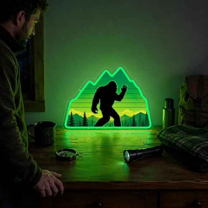 Bigfoot Neon Sign Green LED Sasquatch Neon Sign Forest Nature Room Decor | UV-Printed Sasquatch Neon Sign Dimmable Green Neon Light with Mountain Wilderness Design for Game Room Man Cave Bedroom Cabin