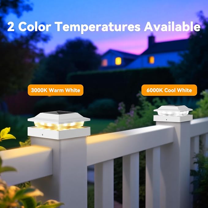 Solar Post Cap Lights for 4x4 Wood/Vinyl Posts, 2 Pack | IP65 Waterproof Fence Post Solar Lights, Outdoor Post Lights with 2 Color Modes Decorate Garden Patio Porch Backyard, White