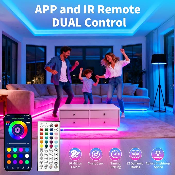 LED Strip Lights,RGB Music Sync Color Changing Led Lights with Smart App Control Remote & Remote Control,LED Lights for Bedroom,Room Essentials,Sense of Atmosphere Decorations(50FT-1Roll)