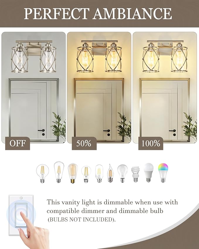2-Light Brushed Nickel Bathroom Light Fixtures, 13.8 Inch Modern Bathroom Vanity Lighting Fixtures Over Mirror with Clear Glass and Metal Cage Wall Sconce Lights for Bath, E26, CH9176BN-2W