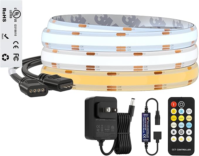 BTF-LIGHTING UL Listed Tunable White 3000K-6000K COB LED Strip Light with RF Remote,CRI 90+ DC24V 9.8FT Dimmable CCT Ultra Bright LED Tape Light for Home Kitchen Cabinet Office Indoor DIY Lighting