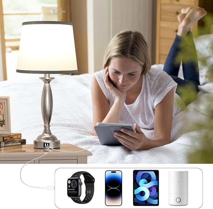 Bedroom Lamps for Nightstand, 3 Way Dimmable Silver Bedside Lamps with USB | Touch, USB C+A Ports, Bulb Included, Grayish-white Shade, Silver, Chrome, Bed Side lamps for Night Stands, Living Room